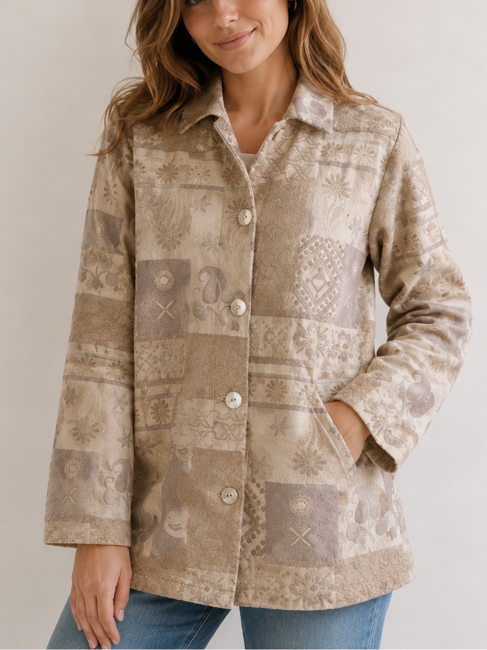 Northern Reflections Vintage Floral Button Front Overshirt Jacket Shacket Tan S
